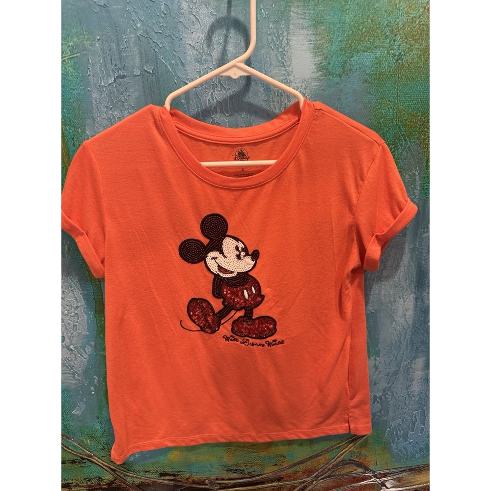 Disney Mickey Mouse Halloween Orange Women's Sequin T-Size S Sparkly‎ Tee NWOT